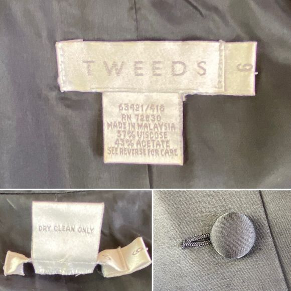 Vtg Tweeds Black Satin 5 Button Slit Long Sleeve Shoulder Pads Blazer Jacket 6 - Picture 9 of 14